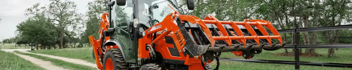 Banner featuring a red Kioti utility tractor with a grapple attachment